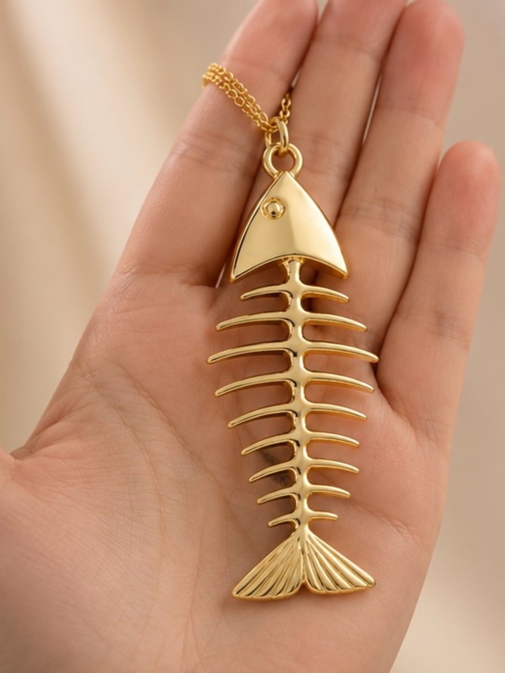 Gold Fish Skeleton Pendant Necklace | Minimalist Fishbone Necklace | Coastal